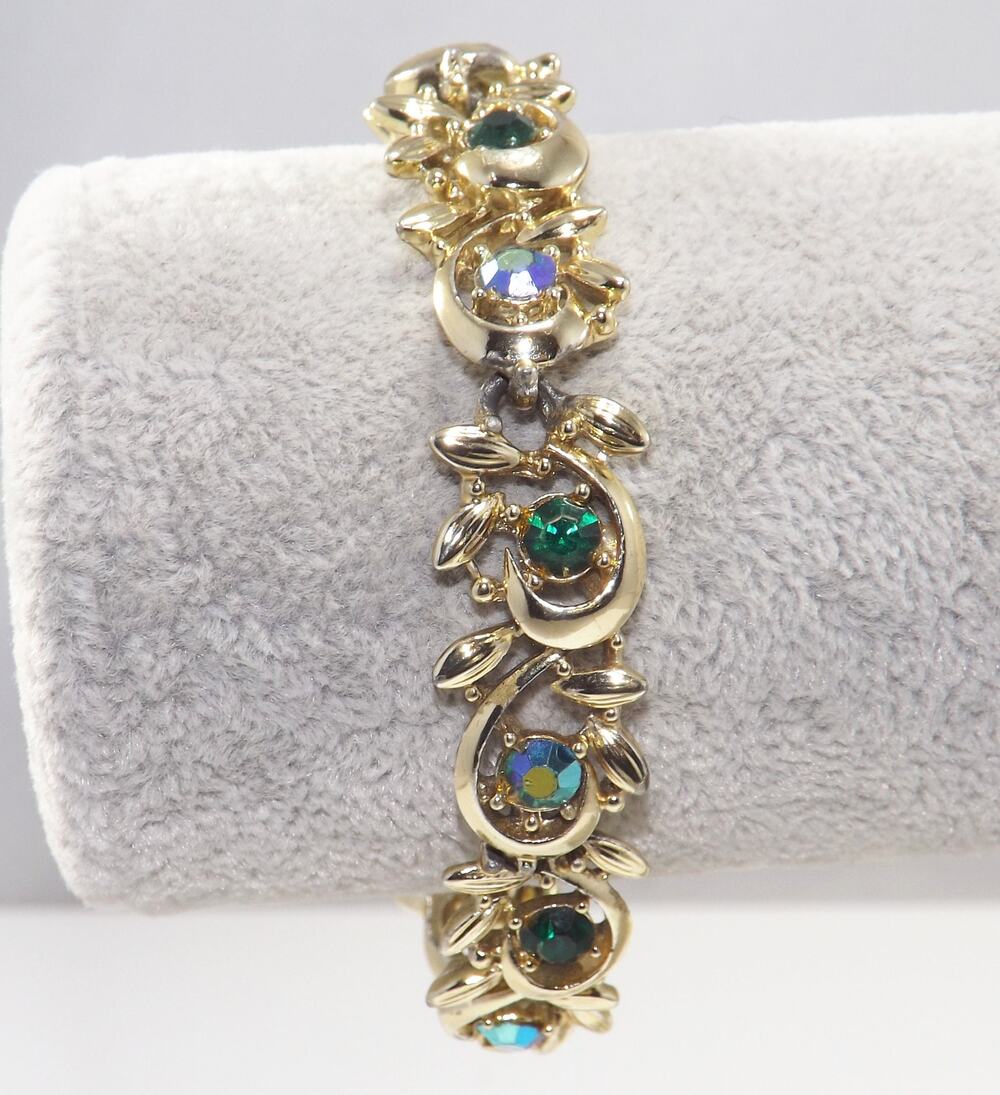 BSK Blue Green AB Rhinestone Gold Tone Bracelet 1950s Mid Century Vintage